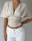 Elegant Deep V-Neck Summer Blouse - Apricot"