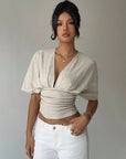 Elegant Deep V-Neck Summer Blouse - Apricot"