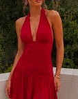 Women’s Halter V-Neck Backless Ruched Mini Dress – Lace-Up Pleated Summer Party Dress for Birthday, Vacation & Clubwear