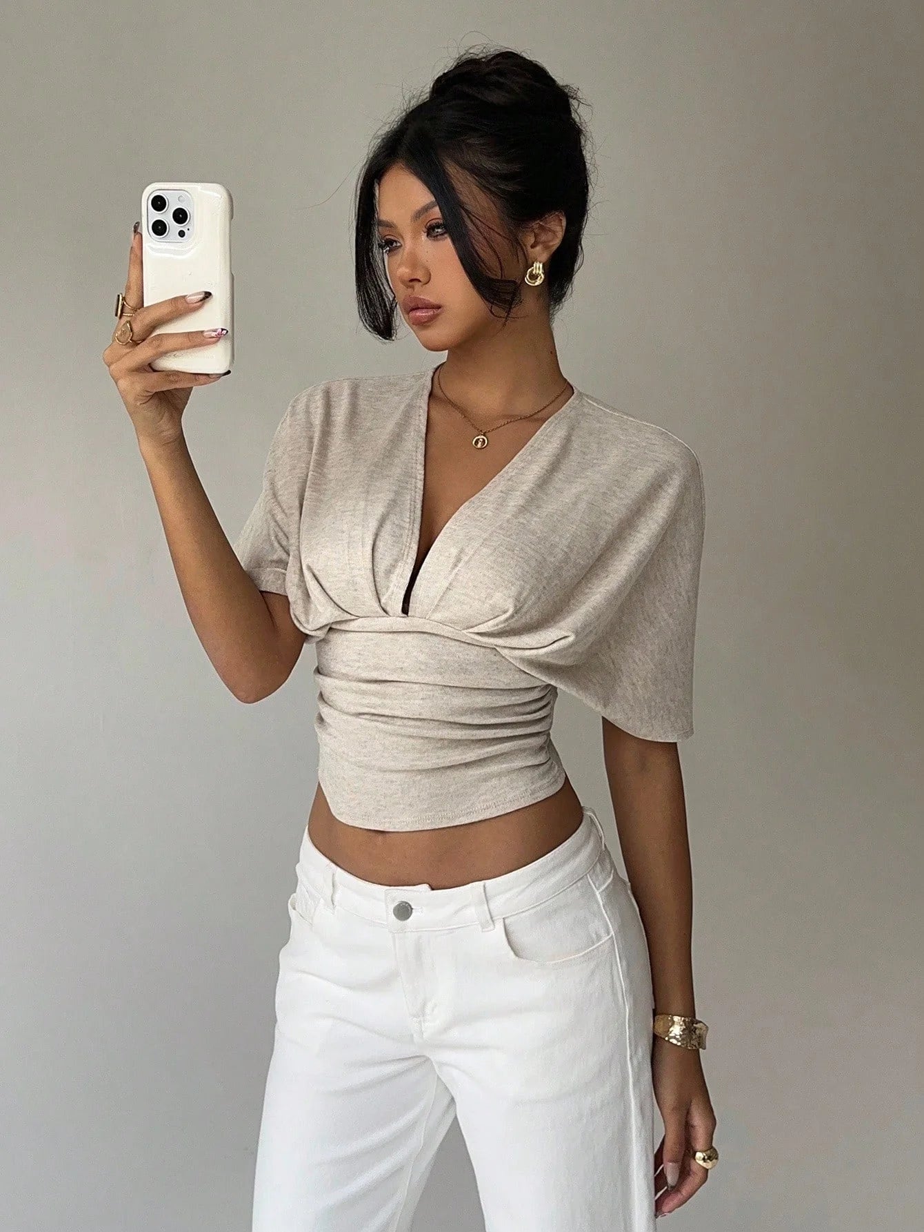 Elegant Deep V-Neck Summer Blouse - Apricot"