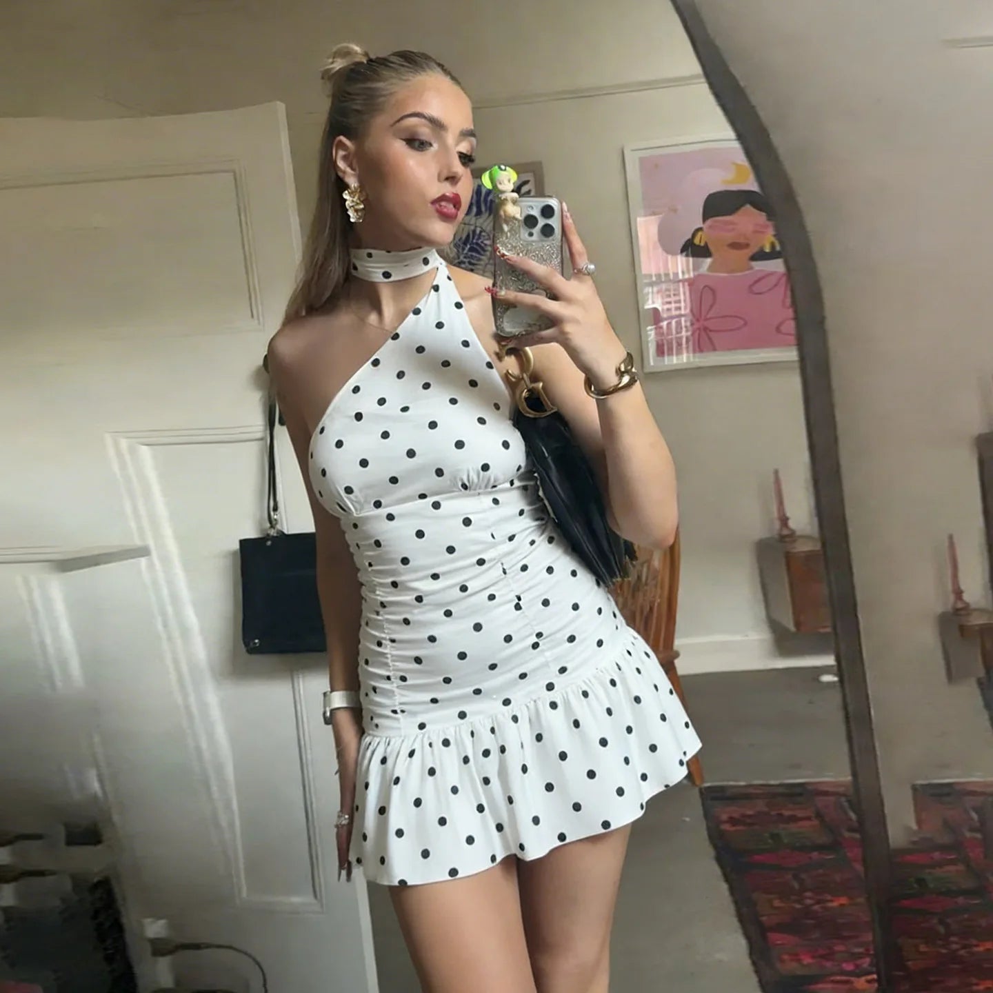 Elegant One-Shoulder Polka Dot Bodycon Mini Dress for Women ✨