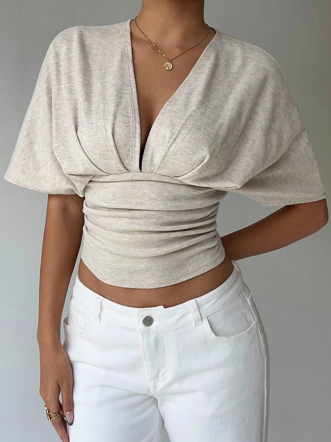 Elegant Deep V-Neck Summer Blouse - Apricot"