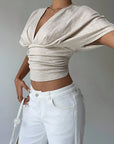 Elegant Deep V-Neck Summer Blouse - Apricot"