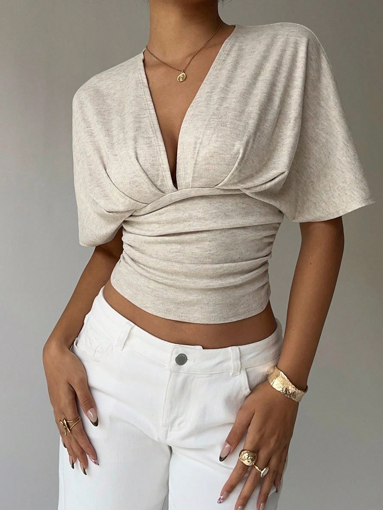 Elegant Deep V-Neck Summer Blouse - Apricot"