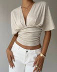 Elegant Deep V-Neck Summer Blouse - Apricot"