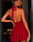 Women’s Halter V-Neck Backless Ruched Mini Dress – Lace-Up Pleated Summer Party Dress for Birthday, Vacation & Clubwear
